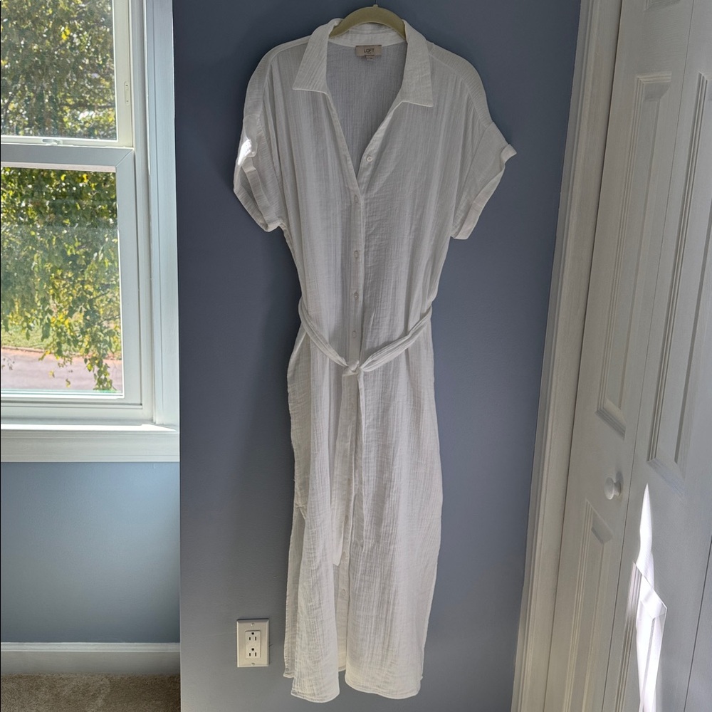 LOFT Soft White 100% Cotton Button Down Midi Dress with Tie